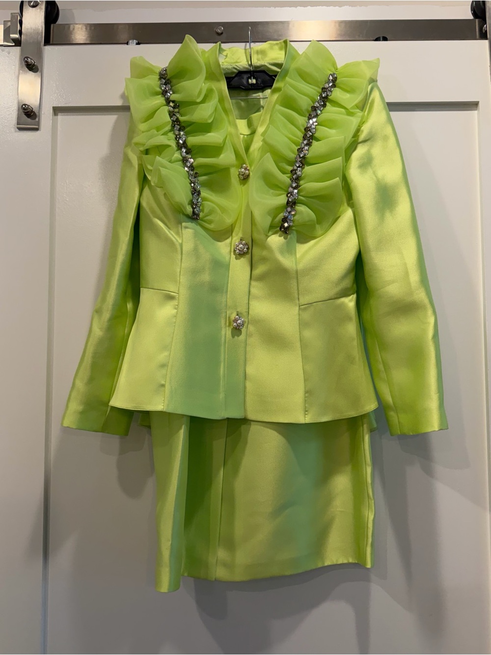 Women’s Lime Green Ruffle Rhinestone Satin Skirt Suit Church  Size 8